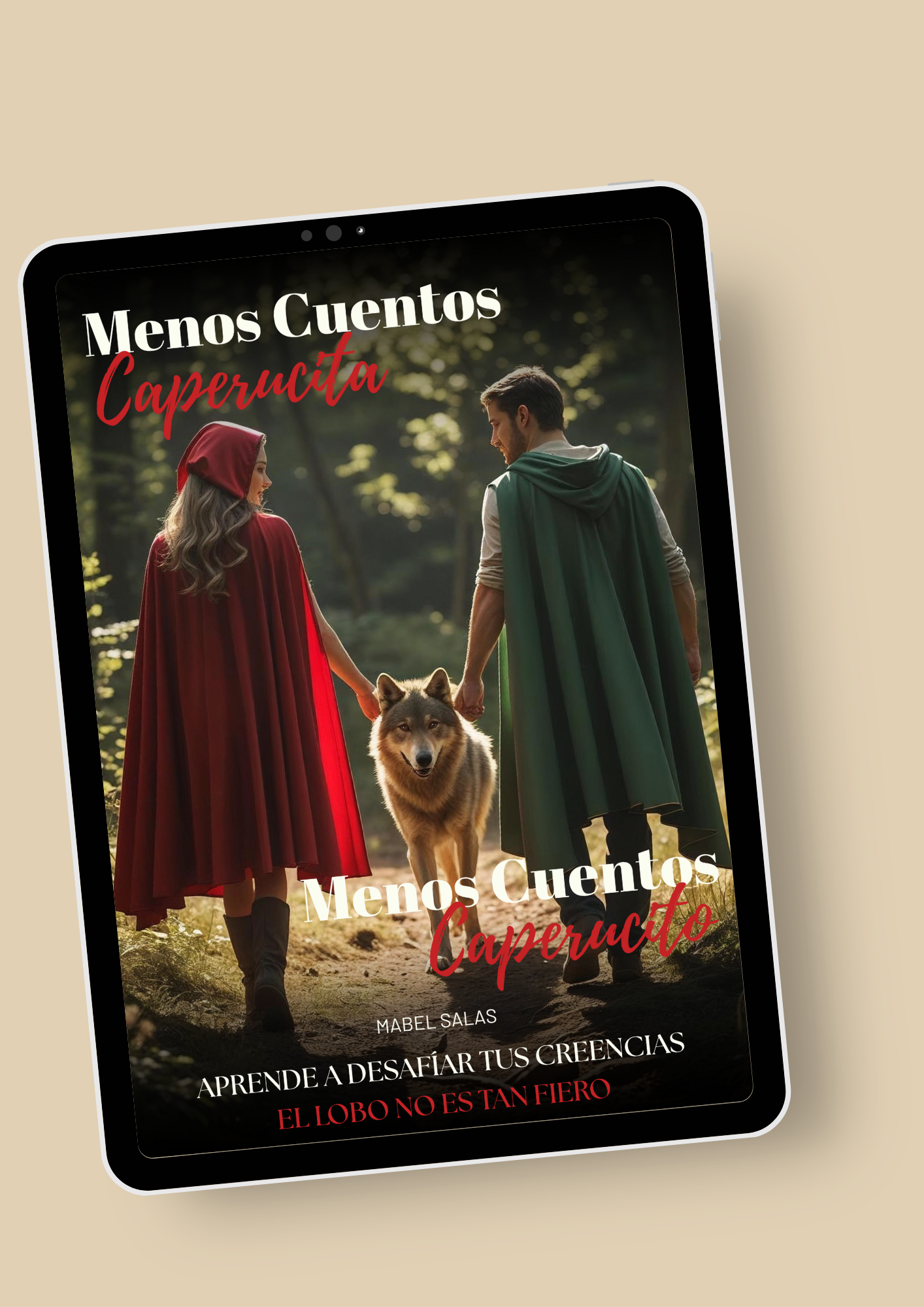Mockup del curso Menos Cuentos Caperucita, Menos Cuentos Caperucito en tablet mostrando portada y contenido del curso